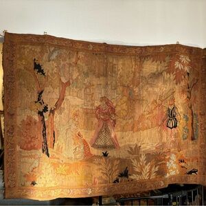 Early 1800s Handwoven Wool Aubboson Style 61” x 44” Tapestry